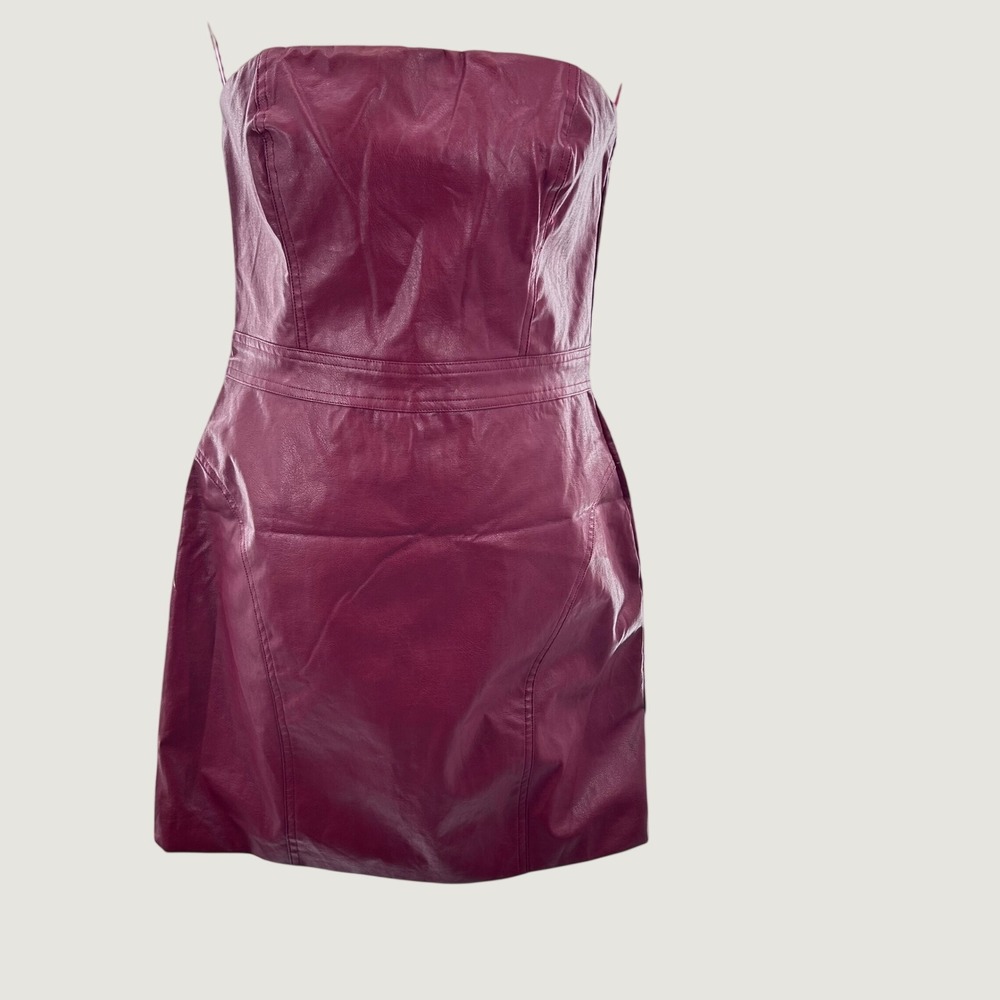 A Peach Burgundy Faux Leather Strapless‎ Mini Dress Red Zip Back PD20108V Large